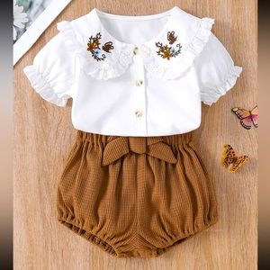 Baby Floral Embroidery Statement Collar Puff Sleeve Top & Waffle Knit Shorts